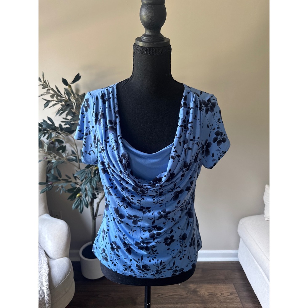Covington Petite Blue Floral Cowl Neck Short Sleeve Blouse Top Small P